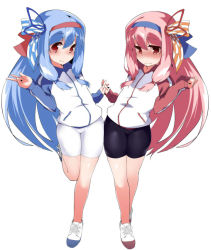Rule 34 | 2girls, bike shorts, blue hair, blush, embarrassed, full body, hair ribbon, hairband, holding hands, interlocked fingers, jacket, kotonoha akane, kotonoha aoi, long hair, looking at viewer, multiple girls, nose blush, pink hair, red eyes, red hair, ribbon, shoes, siblings, side-by-side, sidelocks, simple background, sisters, smile, sportswear, standing, standing on one leg, terazip, thighs, track jacket, twins, v, very long hair, vocaloid, voiceroid, white background