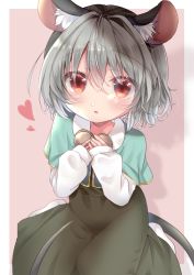 Rule 34 | 1girl, absurdres, animal ear fluff, animal ears, aqua capelet, ashino chimado, border, candy, chocolate, chocolate heart, dress, food, grey dress, grey hair, heart, highres, long sleeves, looking at viewer, mouse ears, nazrin, pink background, red eyes, short hair, solo, touhou, white border