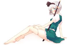 Rule 34 | 1girl, arm support, bare legs, barefoot, between legs, black hairband, blush, breasts, commentary request, green eyes, green skirt, hairband, konpaku youmu, looking at viewer, medium breasts, non (z-art), one-hour drawing challenge, panties, panty pull, perky breasts, puffy short sleeves, puffy sleeves, short hair, short sleeves, silver hair, skirt, solo, sword, touhou, underwear, weapon, white panties