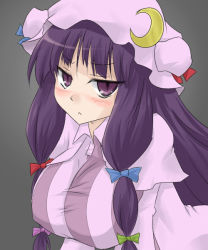 Rule 34 | 1girl, :&lt;, blush, breasts, dress, female focus, gradient background, hat, large breasts, oro (zetsubou girl), patchouli knowledge, purple eyes, purple hair, ribbon, solo, touhou