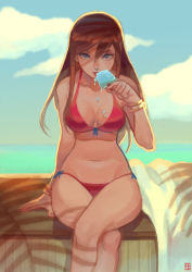 Rule 34 | 1girl, absolum art, artist logo, beach, bikini, blue eyes, bracelet, breasts, brown hair, cleavage, cloud, cloudy sky, crossed legs, day, eating, food, hand on table, highres, ice cream, jewelry, licking, long hair, looking at viewer, medium breasts, ocean, original, outdoors, sitting, sky, solo, swimsuit, table, tongue, tongue out, towel, wooden table