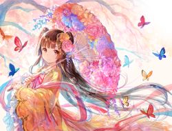 Rule 34 | 1girl, animal, black hair, blunt bangs, brown eyes, bug, butterfly, chinese clothes, closed mouth, eyelashes, flat chest, floating hair, flower, from side, fuzichoco, hair flower, hair ornament, hair ribbon, hime cut, holding, holding umbrella, insect, jewelry, kanzashi, light particles, long hair, long sleeves, looking at viewer, miracle nikki, necklace, over shoulder, pink ribbon, ribbon, see-through, shawl, smile, standing, tassel, tree, tress ribbon, two side up, umbrella, upper body, very long hair, white background, wide sleeves