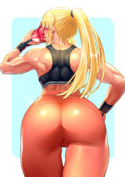 Rule 34 | 1girl, ass, back, blonde hair, blue background, border, bottle, commentary request, cowboy shot, drinking, closed eyes, ge xi, highres, holding, holding bottle, muscular, muscular female, original, ponytail, simple background, solo, sports bra, sweat, two-tone background, water bottle, white border