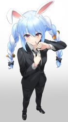 Rule 34 | 1girl, absurdres, adjusting neckwear, animal ear fluff, animal ears, black footwear, black necktie, black suit, blood, blood from mouth, blue hair, braid, breasts, carrot hair ornament, food-themed hair ornament, formal, gradient background, grey background, hair ornament, highres, hikimayu, hololive, long hair, looking at viewer, multicolored hair, necktie, orange eyes, pant suit, pants, rabbit-shaped pupils, rabbit ears, rabbit girl, rabbit tail, ryuu ga gotoku (series), shoes, short eyebrows, small breasts, solo, suit, swept bangs, symbol-shaped pupils, tail, tsurupy, twin braids, twintails, two-tone hair, usada pekora, v-shaped eyebrows, virtual youtuber, white hair