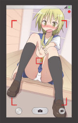 Rule 34 | 1girl, black socks, blonde hair, blouse, blue sailor collar, blush, brown footwear, collarbone, full body, hair tie, ichii yui, indoors, kneehighs, loafers, long hair, looking at viewer, low twintails, mel (melty pot), neckerchief, open mouth, outstretched arm, panties, pantyshot, pleated skirt, recording, sailor collar, school uniform, serafuku, shirt, shoes, short sleeves, sitting, skirt, socks, solo, sweat, tsurime, twintails, underwear, viewfinder, white panties, white shirt, yellow eyes, yellow neckerchief, yuyushiki