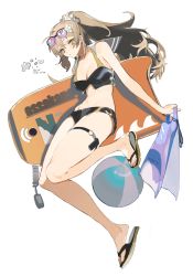 Rule 34 | 1girl, absurdres, ball, bare shoulders, beachball, bikini, black bikini, breasts, brown hair, commentary, eyewear on head, flip-flops, flippers, flower, hair between eyes, hair flower, hair ornament, hair scrunchie, highres, long hair, looking at viewer, navel, original, parted lips, sandals, scrunchie, shachi (d09 0rca), simple background, solo, stomach, sunglasses, swimsuit, symbol-only commentary, thigh strap, white background, white flower, yellow eyes
