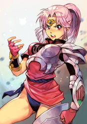 Rule 34 | 1girl, armor, breasts, brown eyes, dragon quest, dragon quest dai no daibouken, fingerless gloves, gloves, hungry clicker, looking at viewer, maam, medium hair, open mouth, pink hair, simple background, solo