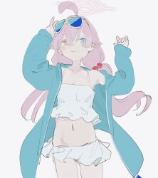 Rule 34 | 1girl, ahoge, arms up, bikini, blue archive, blue jacket, eyewear on head, flat chest, hair bobbles, hair ornament, halo, heterochromia, highres, hoshino (blue archive), hoshino (swimsuit) (blue archive), jacket, kuhen10sub, long hair, looking at viewer, low twintails, navel, official alternate costume, open clothes, open jacket, pink hair, simple background, sketch, smile, solo, sunglasses, swimsuit, twintails, white background, white bikini