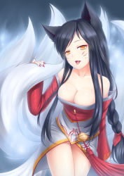 Rule 34 | 1girl, ahri (league of legends), animal ears, bare shoulders, black hair, braid, breasts, cleavage, collarbone, detached sleeves, dress, facial mark, fang, fingernails, fox ears, fox tail, highres, korean clothes, large breasts, league of legends, long fingernails, long hair, looking at viewer, multiple tails, nail polish, open mouth, red ribbon, ribbon, ricegnat, shiny skin, smile, solo, strapless, strapless dress, tail, thighs, tongue, tongue out, whisker markings, yellow eyes