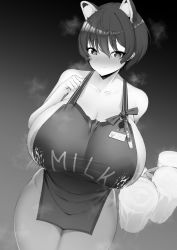 Rule 34 | 1girl, animal ears, apron, areola slip, beer mug, blue archive, blush, breasts, collarbone, cup, curvy, dearonnus, from above, greyscale, heart, heart-shaped pupils, highres, holding, holding cup, huge breasts, lactation, looking at viewer, milk, monochrome, mug, naked apron, paid reward available, pregnancy test, short hair, smile, solo, steam, steaming body, symbol-shaped pupils, thick thighs, thighs, tsubaki (blue archive), wet
