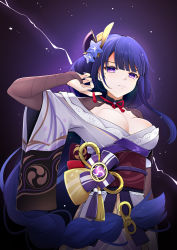 Rule 34 | 1girl, blunt bangs, bow, bowtie, braid, breasts, cleavage, collarbone, commentary request, eyes visible through hair, genshin impact, hair ornament, highres, japanese clothes, lightning, long hair, looking at viewer, low-tied long hair, low twintails, mitsudomoe (shape), mole, mole under eye, nail polish, purple eyes, purple hair, qingye ling, raiden shogun, sidelocks, single braid, solo, tomoe (symbol), twintails, vision (genshin impact), wide sleeves