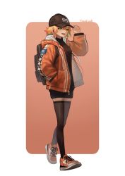 Rule 34 | 1girl, absurdres, arknights, arm up, artist name, backpack, bag, black hat, black sweater, black thighhighs, blonde hair, blunt bangs, border, earphones, full body, hand in pocket, hand on headwear, hat, highres, jacket, long sleeves, looking at viewer, mayer (arknights), open clothes, open jacket, open mouth, orange jacket, outside border, rhine lab logo, shoes, short hair, sidelocks, smile, sneakers, solo, sweater, thighhighs, thighs, turtleneck, walking, yellow eyes, yoon cook, zettai ryouiki