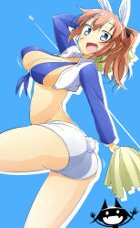Rule 34 | 2girls, :d, animal ears, ass, blue background, blue eyes, blush, breasts, charlotte e. yeager, cheerleader, cleavage, dallas cowboys, front-tie top, hair ribbon, large breasts, long hair, miyafuji yoshika, multiple girls, national football league, open mouth, orange hair, pom pom (cheerleading), ponytail, rabbit ears, rabbit girl, rabbit tail, ribbon, silhouette demon, smile, strike witches, tail, toudori, world witches series
