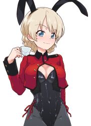 Rule 34 | 1girl, adapted costume, animal ears, black corset, black pantyhose, blonde hair, blue eyes, breasts, cleavage, commentary, corset, cup, darjeeling (girls und panzer), fake animal ears, girls und panzer, highres, holding, holding cup, jacket, leotard, looking at viewer, medium breasts, monolith (suibou souko), pantyhose, playboy bunny, red jacket, short hair, smile, solo, teacup, white background