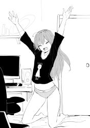 Rule 34 | 1girl, absurdres, ahoge, arms up, barefoot, bow, bow panties, closed eyes, desk, door, female focus, full body, greyscale, happy, highres, indoors, kneeling, legs, legs apart, long hair, melissa renata, midriff peek, monitor, monochrome, motion lines, mouse (computer), no pants, norman maggot, open mouth, original, panties, petite, shirt, solo, stretching, thighs, underwear, underwear only