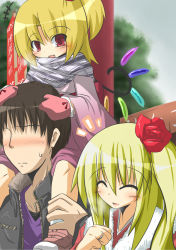 Rule 34 | 1boy, 2girls, ^ ^, black hair, blonde hair, carrying, closed eyes, closed eyes, faceless, faceless male, fang, flan-maman (goma), flandre scarlet, goma (gomasamune), heart, jacket, jewelry, mikoto freesia scarlet (goma), mother and daughter, multiple girls, aged up, open mouth, original, red eyes, ring, scarf, shoulder carry, side ponytail, smile, touhou, upper body, wings
