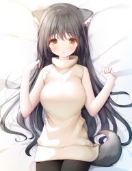 Rule 34 | 1girl, animal ears, bad id, bad pixiv id, bare arms, bare shoulders, bed sheet, black hair, black pantyhose, blush, breasts, brown eyes, brown sweater, cowboy shot, dog ears, dog girl, dog tail, hands up, long hair, looking at viewer, medium breasts, murano, original, pantyhose, parted lips, sleeveless, sleeveless turtleneck, solo, sweater, tail, turtleneck, turtleneck sweater, very long hair
