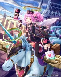 Rule 34 | 1girl, bag, black spark munkar, cardfight!! vanguard, copyright notice, curly hair, day, feathered wings, fingerless gloves, gloves, hair ornament, halo, hat, heart, heart hair ornament, long hair, mechanical halo, official art, open mouth, pink hair, red eyes, side ponytail, sky, solo, syringe, tadokoro teppei, teeth, unicorn, wings