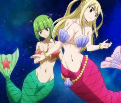 Rule 34 | 2girls, alternate form, bare arms, bare shoulders, blonde hair, blush, bra, bracelet, brandish mew, breasts, brown eyes, cleavage, closed mouth, collarbone, fairy tail, fins, fish tail, full body, green eyes, green hair, groin, hair tie, hand tattoo, hand up, jewelry, large breasts, long hair, looking down, lucy heartfilia, matching hair/eyes, mermaid, monster girl, multiple girls, navel, necklace, pearl bracelet, pearl necklace, screencap, shell, shell bikini, short hair, sky, space, star (sky), star (symbol), starry sky, stitched, surprised, tail, tattoo, third-party edit, transformation, twintails, underboob, underwear