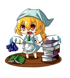 Rule 34 | 1girl, alternate costume, apron, bad id, bad pixiv id, blonde hair, book, chibi, duster, eiri (eirri), enmaided, fang, female focus, flandre scarlet, head scarf, lowres, maid, maid apron, ponytail, red eyes, short hair, solo, touhou, wings