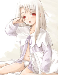 Rule 34 | 00s, 1girl, barefoot, bed, bottomless, fate/hollow ataraxia, fate/stay night, fate (series), illyasviel von einzbern, long hair, no pants, open clothes, open shirt, pajamas, panties, pillow, red eyes, shirt, sketch, sleepy, solo, underwear, white hair, yawning