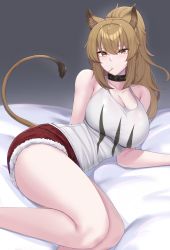 Rule 34 | 1girl, :/, absurdres, animal ear fluff, animal ears, arknights, arm behind back, bare legs, bare shoulders, black choker, blush, breasts, brown hair, brown tail, choker, cleavage, commentary, english commentary, feet out of frame, highres, kanta (kanta 077), large breasts, lion girl, long hair, looking at viewer, lying, mouth hold, on bed, on side, ponytail, red shorts, short shorts, shorts, sidelocks, siege (arknights), solo, tail raised, tank top, thighs, white tank top
