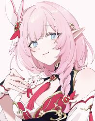 Rule 34 | 1girl, bare shoulders, blue eyes, braid, breasts, brown background, c uino, closed mouth, elysia (honkai impact), hand up, highres, honkai (series), honkai impact 3rd, long hair, looking at viewer, medium breasts, nail polish, pink hair, pink nails, pointy ears, simple background, single braid, smile, solo, upper body, wrist cuffs