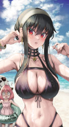 Rule 34 | 2girls, anya (spy x family), bare arms, bare shoulders, beach, bikini, black bikini, blush, bond (spy x family), breasts, cleavage, collarbone, dog, dress, duplicate, earrings, great pyrenees, green eyes, hairband, hands up, highres, innertube, jewelry, kubota masaki, large breasts, long hair, looking at viewer, multiple girls, navel, ocean, open mouth, outdoors, parted lips, pink dress, pink hair, pixel-perfect duplicate, red eyes, spy x family, sunglasses, swim ring, swimsuit, water, wet, yor briar