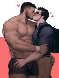 Rule 34 | 2boys, abs, backpack, bag, bara, beard, belt, black hair, blush, brown hair, bulge, closed eyes, dopey (dopq), facial hair, glasses, hand on another&#039;s arm, hand on another&#039;s ass, heart, highres, kiss, large pectorals, male focus, male underwear, manly, multiple boys, muscular, muscular male, navel, nipples, original, pants, pectorals, shirt, size difference, toned, toned male, topless male, underwear, upper body, wristband, yaoi