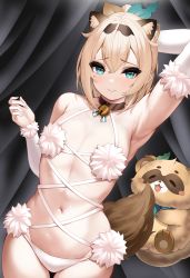 Rule 34 | 1girl, absurdres, alternate costume, animal ears, aqua eyes, arm behind head, armpits, bell, blonde hair, breasts, brown choker, choker, commentary request, cosplay, detached sleeves, fur-trimmed jacket, fur trim, highres, hololive, holox, jacket, jingle bell, kazama iroha, looking at viewer, mash kyrielight, mash kyrielight (dangerous beast), mash kyrielight (dangerous beast) (cosplay), medium hair, navel, neck bell, pokobee, raccoon ears, raccoon tail, roina (effj7473), small breasts, solo, stomach, tail, virtual youtuber, white sleeves