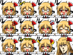 Rule 34 | 1girl, ^ ^, angry, bad id, bad pixiv id, blonde hair, blush, closed eyes, cosplay, embodiment of scarlet devil, expressions, closed eyes, faceset, fang, female focus, hair ribbon, hokuto no ken, is that so, kisaragi zwei, multiple views, necktie, o o, open mouth, outstretched arms, red eyes, ribbon, rumia, rumia (cosplay), shin (1893656), shin (hokuto no ken), short hair, smile, touhou