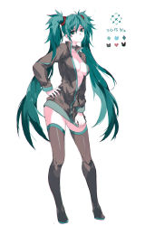 Rule 34 | 10s, 1girl, 2015, absurdres, black footwear, black thighhighs, boots, breasts, choker, dated, full body, green eyes, green hair, hand on own hip, hatsune miku, highres, kin (fish6203), long hair, matching hair/eyes, nail polish, open clothes, open shirt, shirt, shirt tug, simple background, solo, standing, thigh boots, thighhighs, twintails, very long hair, vocaloid, white background, zettai ryouiki