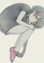 Rule 34 | 1girl, asasow, bent over, blush, brown background, brown eyes, closed mouth, collared dress, commentary request, dress, expressionless, from side, full body, grey dress, grey hair, hand on own knee, hatoba tsugu, heart, highres, holding own foot, knees to chest, looking at viewer, looking to the side, medium hair, outstretched arm, shoes, short dress, short sleeves, simple background, sneakers, solo, tsugu (vtuber), virtual youtuber