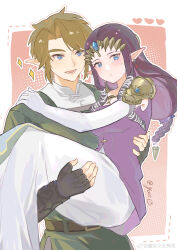 Rule 34 | 1boy, 1girl, absurdres, armor, black gloves, blue eyes, blush, braid, breasts, brown hair, carrying, chinese commentary, closed mouth, commentary request, dress, earrings, elbow gloves, fingerless gloves, gloves, green tunic, heart, highres, jewelry, link, long dress, long hair, looking at another, low-tied long hair, lower teeth only, medium breasts, nintendo, open mouth, pauldrons, piercing, pointy ears, princess carry, princess zelda, purple dress, short hair, shoulder armor, signature, smile, sweatdrop, teeth, the legend of zelda, the legend of zelda: twilight princess, tunic, twitter username, two-tone dress, weibo logo, weibo watermark, white dress, white gloves, yun (dl2n5c7kbh8ihcx)
