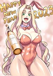 Rule 34 | 1girl, 2023, :d, abs, alternate costume, animal ears, bare shoulders, blonde hair, bottle, bow, bowtie, breasts, cleavage, collarbone, commentary, detached collar, english commentary, fake animal ears, fate/grand order, fate (series), fingernails, green eyes, green nails, happy new year, highres, holding, holding bottle, large breasts, leotard, light blush, long hair, nail polish, new year, open mouth, playboy bunny, quetzalcoatl (fate), rabbit ears, red bow, red bowtie, red leotard, sharp fingernails, sharp teeth, smile, solo, strapless, strapless leotard, teeth, tequila, very long hair, wavy hair, zantyarz