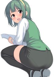 Rule 34 | 1girl, ass, black skirt, black thighhighs, blush, green hair, green vest, highres, idolmaster, idolmaster (classic), long hair, looking at viewer, mole, mole under mouth, hugging object, office lady, otonashi kotori, pantylines, papers, pencil skirt, perapera, simple background, skirt, smile, solo, squatting, thighhighs, vest, white background, zettai ryouiki