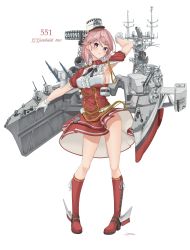Rule 34 | 1girl, absurdres, armpit cutout, armpits, breasts, clothing cutout, full body, giuseppe garibaldi (kancolle), gloves, hat, highres, kantai collection, machinery, medium breasts, mini hat, pink eyes, pink hair, pleated skirt, red footwear, red shirt, red skirt, sagoromo 04, shirt, short hair, simple background, skirt, solo, standing, white background, white gloves