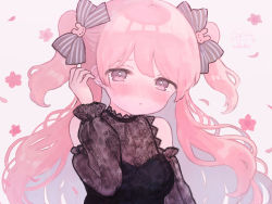 Rule 34 | 1girl, :o, ame usako, black dress, black sleeves, blush, bow, breasts, commentary request, detached sleeves, dress, eyebrows hidden by hair, flower, grey background, hair bow, hair ornament, hand up, long sleeves, looking at viewer, medium breasts, nose blush, original, parted lips, petals, pink flower, pink hair, puffy long sleeves, puffy sleeves, purple eyes, rabbit hair ornament, see-through, see-through sleeves, simple background, sleeveless, sleeveless dress, solo, striped, striped bow, two side up, upper body