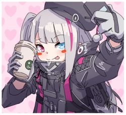 Rule 34 | 1girl, backpack, bag, beret, black hat, black jacket, blue eyes, blush stickers, border, cup, girls&#039; frontline, gloves, grey hair, hat, heart, heterochromia, holding, holding cup, jacket, kuro kosyou, long hair, mdr (girls&#039; frontline), multicolored hair, one side up, pink background, pink eyes, pink hair, selfie, smile, solo, streaked hair, taking picture, tongue, tongue out, upper body, white border