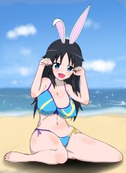 Rule 34 | 1 yj12, 1girl, animal ears, bikini, black hair, blue eyes, blush, breasts, cleavage, covered erect nipples, fake animal ears, fang, girls und panzer, highres, large breasts, long hair, looking at viewer, navel, open mouth, rabbit ears, smile, solo, swimsuit, yamagou ayumi