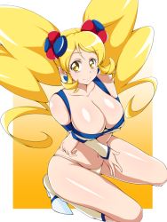 Rule 34 | 10s, 1girl, adapted costume, bikini, blonde hair, breasts, cleavage, cure honey, cure honey (popcorn cheer), detached sleeves, earrings, happinesscharge precure!, jabara tornado, jewelry, large breasts, looking at viewer, magical girl, navel, oomori yuuko, precure, shiny skin, skindentation, smile, solo, squatting, swimsuit, twintails, yellow eyes