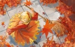 Rule 34 | 1girl, :d, aki shizuha, arm at side, autumn leaves, bamboo broom, black footwear, blonde hair, bob cut, broom, closed eyes, commentary, dancing, dress, falling leaves, floating hair, from above, hair ornament, hand up, holding, holding broom, leaf, leaf hair ornament, leaf on head, long dress, long sleeves, maple leaf, ohanami n, open mouth, orange dress, outdoors, outstretched arm, outstretched hand, pavement, short hair, smile, solo, spinning, sweeping, touhou