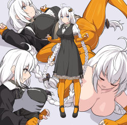 Rule 34 | 1girl, all fours, armpits, arms up, ass, ass grab, bare shoulders, black bra, black dress, blue eyes, blush, bra, braid, breasts, cleavage, collarbone, dress, gloves, hair ornament, kizuna akari, large breasts, long hair, looking at viewer, multiple views, orange gloves, orange pantyhose, pantyhose, shiseki hirame, silver hair, striped clothes, striped legwear, striped pantyhose, twin braids, underwear, undressing, vertical-striped clothes, vertical-striped pantyhose, vocaloid, voiceroid