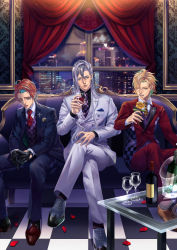 Rule 34 | 3boys, alcohol, checkered floor, city lights, cityscape, couch, flower, formal, highres, hypnosis mic, izanami hifumi, jinguji jakurai, kannonzaka doppo, crossed legs, male focus, multicolored hair, multiple boys, necktie, petals, rose, shirt, sitting, suit, white suit, window, wine