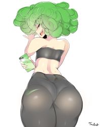 Rule 34 | 1girl, artist name, ass, back, curly hair, curvy, from behind, green eyes, green hair, highres, huge ass, one-punch man, pants, phone, smile, solo, strapless, tatsumaki, thick thighs, thighs, tight clothes, tight pants, tube top, twodust, white background, wide hips, yoga pants