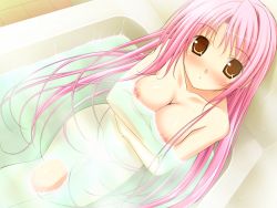 Rule 34 | 1girl, bath, blush, breast hold, breasts, brown eyes, horizoe rin, large breasts, maikuro ~ore ga watashi de boku ga atashi de~, nipples, nude, pink hair, water, yukirin