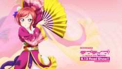 Rule 34 | 10s, 1girl, angelic angel, arm up, blush, floral print, hair bun, hand fan, highres, holding, japanese clothes, looking at viewer, love live!, love live! school idol project, love live! the school idol movie, nishikino maki, obi, official art, purple eyes, red hair, sash, single hair bun, smile, solo, wide sleeves, zoom layer