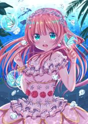 Rule 34 | 1girl, :d, absurdres, air bubble, bad id, bad pixiv id, blue eyes, blush, bubble, bug, butterfly, clenched hand, colored skin, dress, fish, flower, hair flower, hair ornament, hammerhead shark, hands up, highres, insect, looking at viewer, manta ray, open mouth, original, pink dress, pink hair, pink skirt, red flower, skirt, smile, solo, sunlight, tenzeru, tiara, underwater, wristband