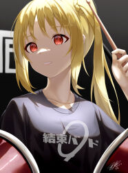Rule 34 | 1girl, 2023, absurdres, black background, black shirt, blonde hair, bocchi the rock!, breasts, clenched teeth, collarbone, commentary request, dated, drum, drumsticks, eyelashes, hair between eyes, head tilt, highres, holding, holding drumsticks, ijichi nijika, instrument, kmp (kenma pro), lips, long hair, looking to the side, music, parted lips, playing instrument, red eyes, shirt, side ponytail, sidelocks, signature, simple background, small breasts, solo, teeth, upper body