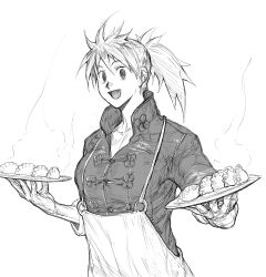 1girl :d absurdres apron breasts dorohedoro dumpling food greyscale highres holding holding_plate jiaozi monochrome nikaidou_(dorohedoro) open_mouth plate ponytail shirt smile solo upper_body white_background zero_setsu